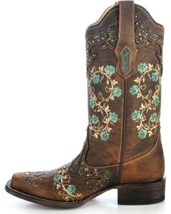 Corral Women's Studded Floral Embroidery Western Boots - Square Toe -Best Cowboy Boot Store 0459M4 41 LT