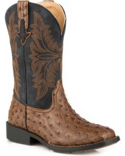 Roper Boys' Jed Faux Ostrich Western Boots - Square Toe