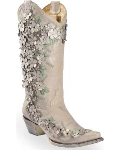 Corral Women's Floral Overlay Embroidered Stud And Crystals Western Boots - Snip Toe