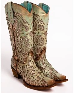 Corral Women's Mint Glitter Inlay Western Boots - Snip Toe  -Best Cowboy Boot Store 2000239665 300 FT