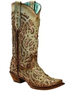 Corral Women's Mint Glitter Inlay Western Boots - Snip Toe