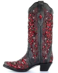 Corral Women's Crystal And Red Sequin Inlay Western Boots - Snip Toe -Best Cowboy Boot Store 2000241023 001 LT