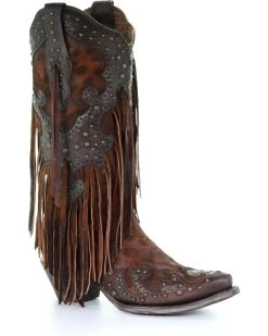 Corral Women's Leopard Stud & Fringe Western Boots - Snip Toe
