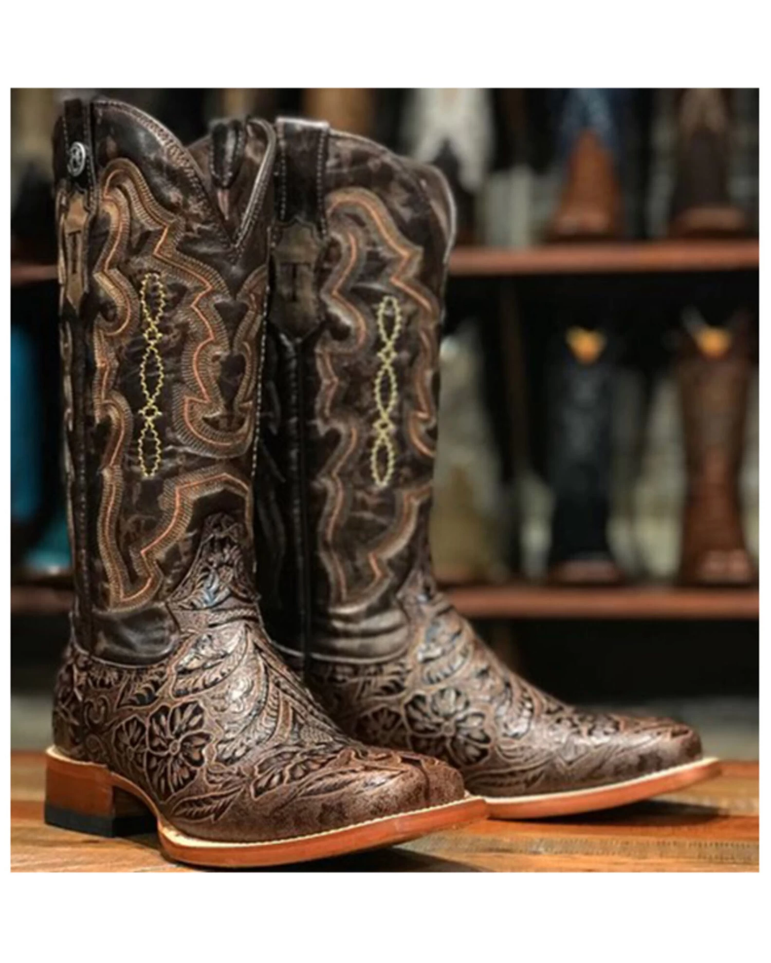 Tanner Women's Hand Tooled Floral Western Boots - Broad Square Toe 3 Tanner Women's Hand Tooled Floral Western Boots - Broad Square Toe