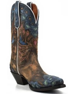 Dan Post Women's Humming Bird Heart And Floral Inlay Western Boots - Snip Toe 